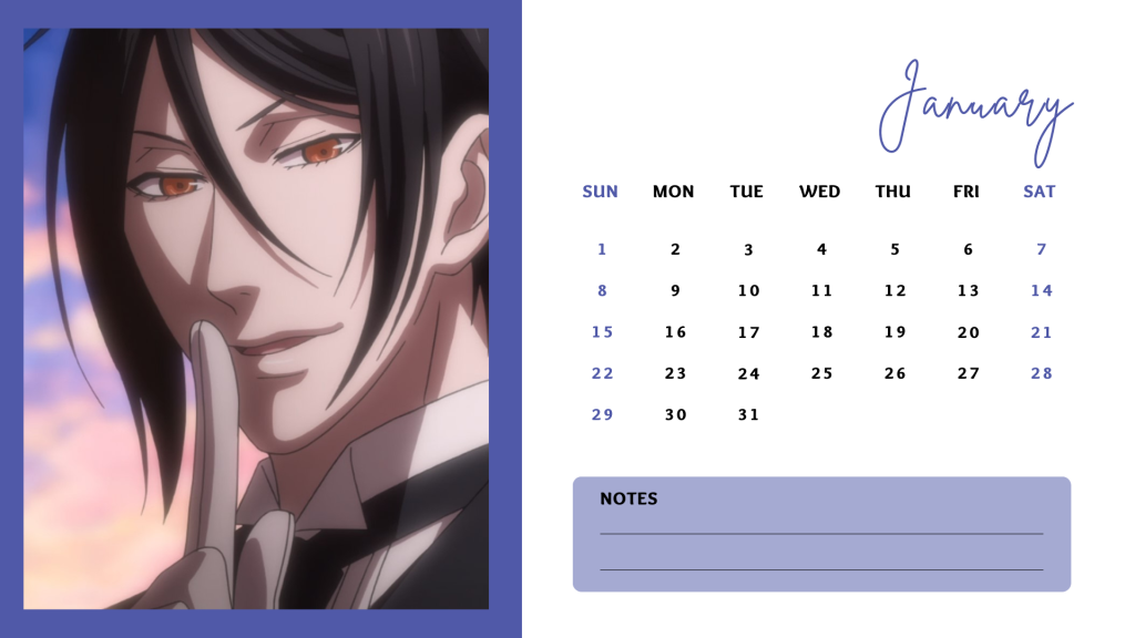 01 January 2023 Black Butler [Kuroshitsuji] Anime Calendar free download AllAnimeMag Simple